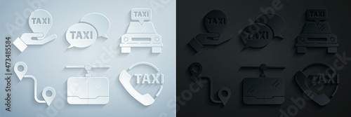 Set Cable car, Taxi, Route location, call telephone service, and Hand map pointer with taxi icon. Vector