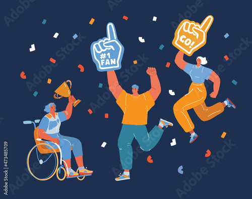Vector illuatration of sports for peoples with disability activity. Sport competitions Handicapped sportsmen. Sport Wheelchair Paralympic winner. Fans arround over dark background