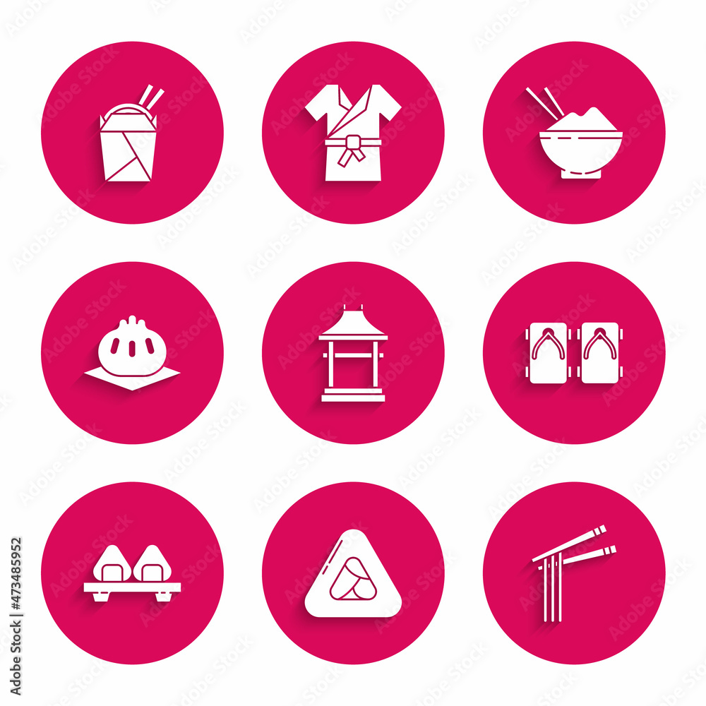Set Japan Gate, Sushi, Asian noodles and chopsticks, Geta traditional Japanese shoes, cutting board, Khinkali, Rice bowl with and paper box icon. Vector