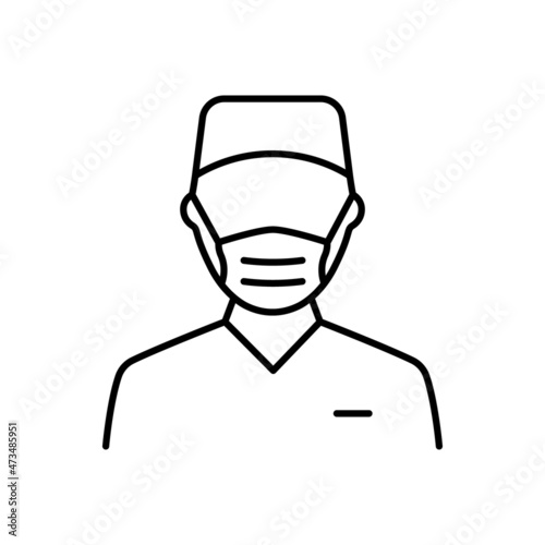 Surgeon Man Doctor Line Icon. Plastic Surgery Specialist in Medical Mask Linear Pictogram. Professional Surgeon Staff in Hospital Outline Icon. Editable Stroke. Isolated Vector Illustration
