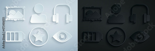 Set Star, Headphones, Battery charge level indicator, Eye, Add friend and Picture landscape icon. Vector
