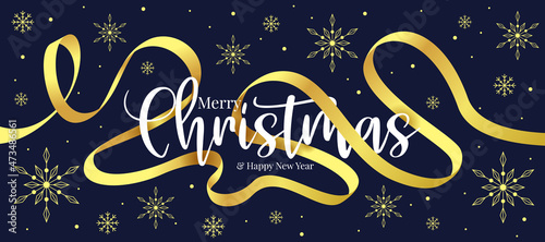 merry christmas and happy new year text with gold ribbon rolling around and gold snow texture on dark blue background vector design