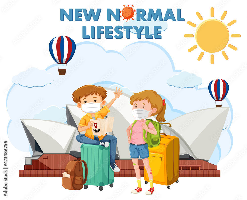 Fototapeta premium New normal lifestyle logo with couple tourist wearing mask