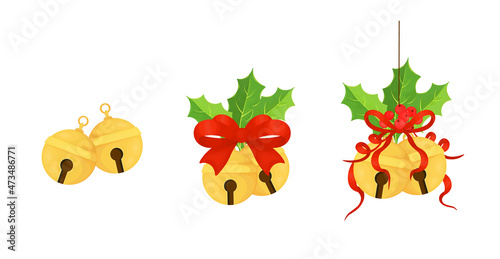 Christmas bell with holly leaves and a red bow on a white background. The bells icon. Vector illustration