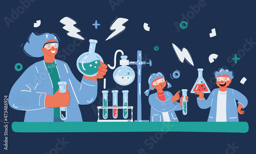 Vector illustration of Scientist and kid doing experiment surrounded by lab equipment