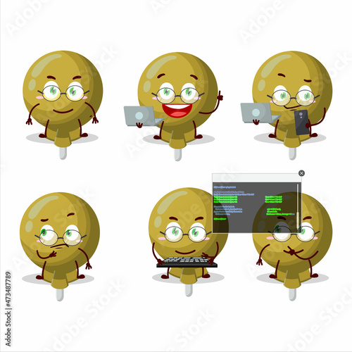 Yellow lolipop wrapped Programmer cute cartoon character with