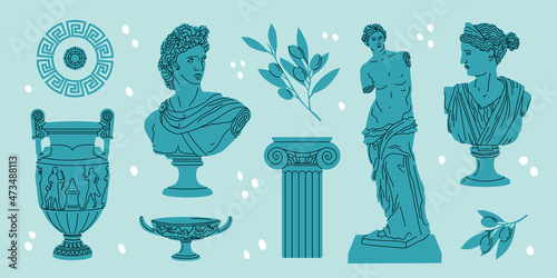 Greek marble statues aesthetic vector hand drawn illustration set. sculptures of human body and architectural elements. 
