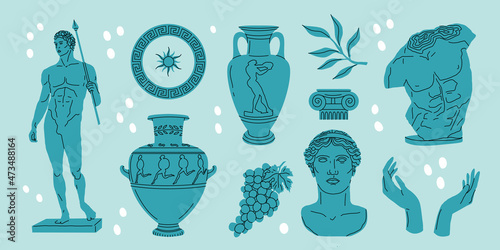 Various Antique statues. Heads of woman. Branch, amphora, hand. Mythical, ancient greek style. Isolated 