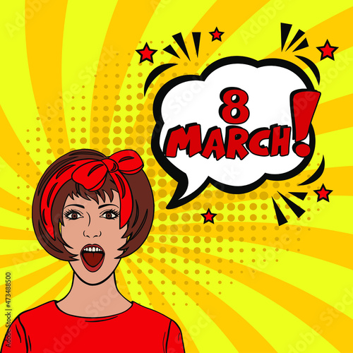 8 march pop art. Comic book explosion with text -  8 march. Vector bright cartoon illustration in retro pop art style. Can be used for business, marketing and advertising.  Banner flyer pop art comic 