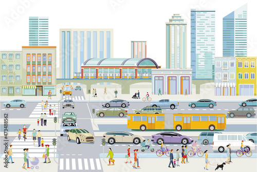Große Stadt mit Straßenverkehr und Hoch-Bahn, und vielen Gebäuden, Illustration