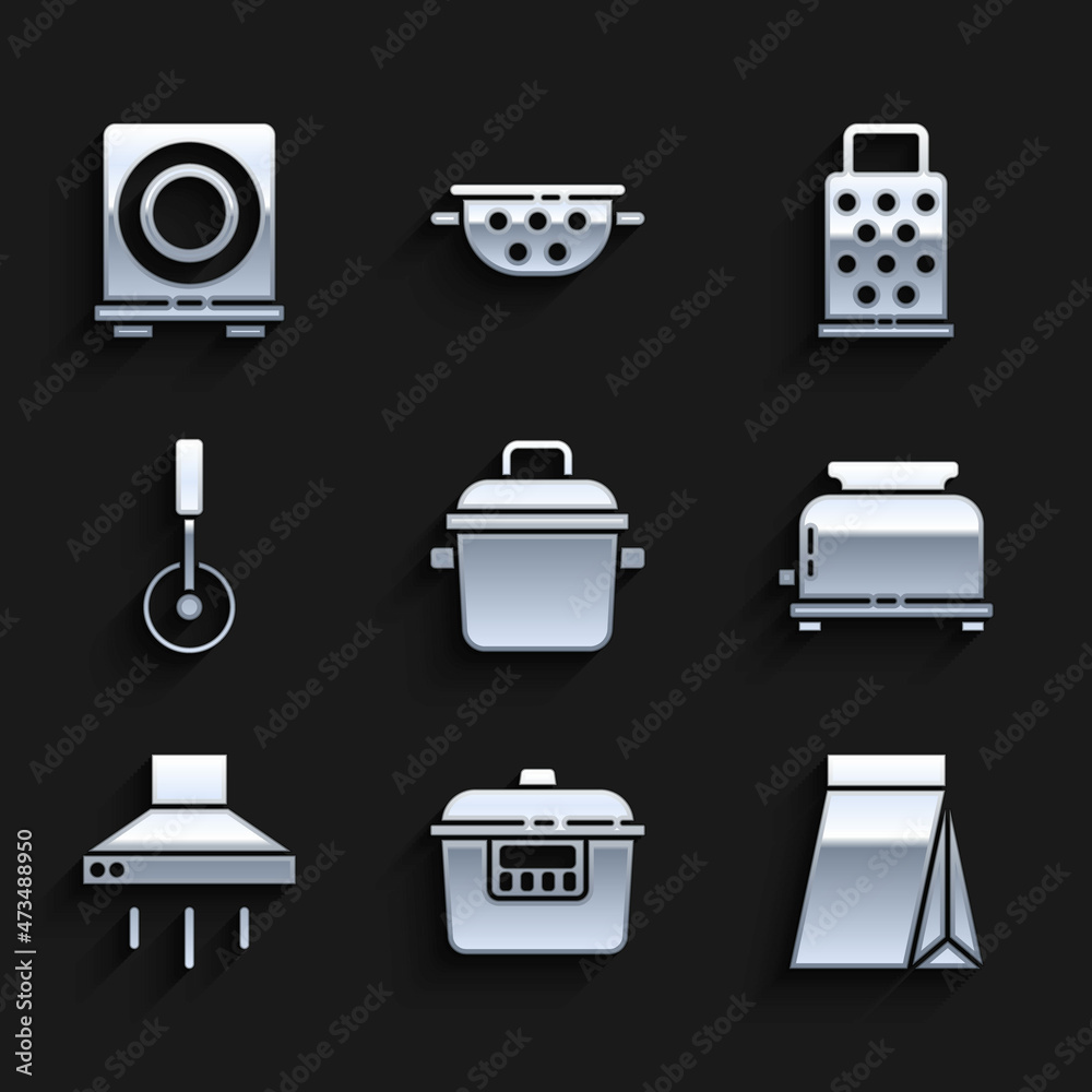 Set Cooking pot, Slow cooker, Bag of coffee beans, Toaster, Kitchen extractor fan, Pizza knife, Grater and Electric stove icon. Vector Set Cooking pot, Slow cooker, Bag of coffee beans, Toaster, Kitchen extractor fan, Pizza knife, Grater and Electric stove icon. Vector