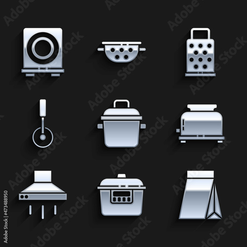 Set Cooking pot, Slow cooker, Bag of coffee beans, Toaster, Kitchen extractor fan, Pizza knife, Grater and Electric stove icon. Vector