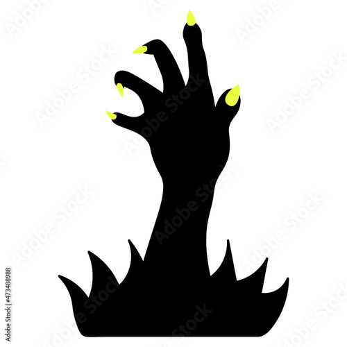 Silhouette of a paw with yellow claws. The dead man's hand is selected from the thicket of grass. Gnarled fingers with sharp nails. The ominous zombie palm made its way to the surface. Vector 