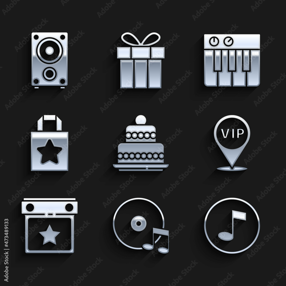 Set Cake, Vinyl disk, Music note, tone, Location Vip, Calendar party, Paper shopping bag, synthesizer and Stereo speaker icon. Vector Set Cake, Vinyl disk, Music note, tone, Location Vip, Calendar party, Paper shopping bag, synthesizer and Stereo speaker icon. Vector
