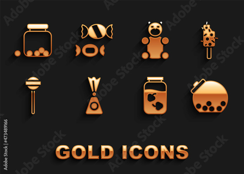 Set Candy, Ice cream, Glass jar with candies inside, Strawberry jam, Lollipop, Jelly bear candy, and icon. Vector