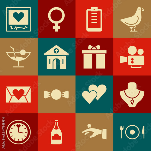Set Plate, fork and knife, Necklace on mannequin, Cinema camera, Clipboard with checklist, Church building, Cocktail, Photo frames hearts and Gift box icon. Vector