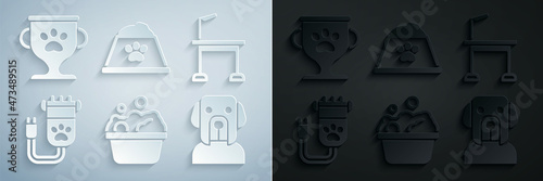 Set Pets bath, grooming table, Hair clipper pet, Dog, food bowl and award icon. Vector