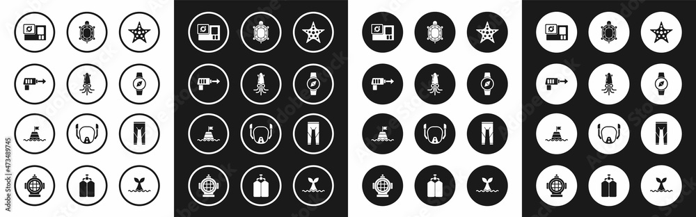 Set Starfish, Octopus, Fishing harpoon, Action camera, Compass, Turtle, Wetsuit and Floating buoy the sea icon. Vector Set Starfish, Octopus, Fishing harpoon, Action camera, Compass, Turtle, Wetsuit and Floating buoy the sea icon. Vector