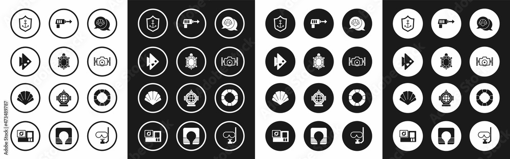 Set Scallop sea shell, Turtle, Fish, Anchor inside shield, Photo camera, Fishing harpoon, Lifebuoy and icon. Vector