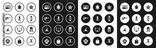 Set Starfish, Octopus, Fishing harpoon, Action camera, Compass, Turtle, Wetsuit and Floating buoy the sea icon. Vector