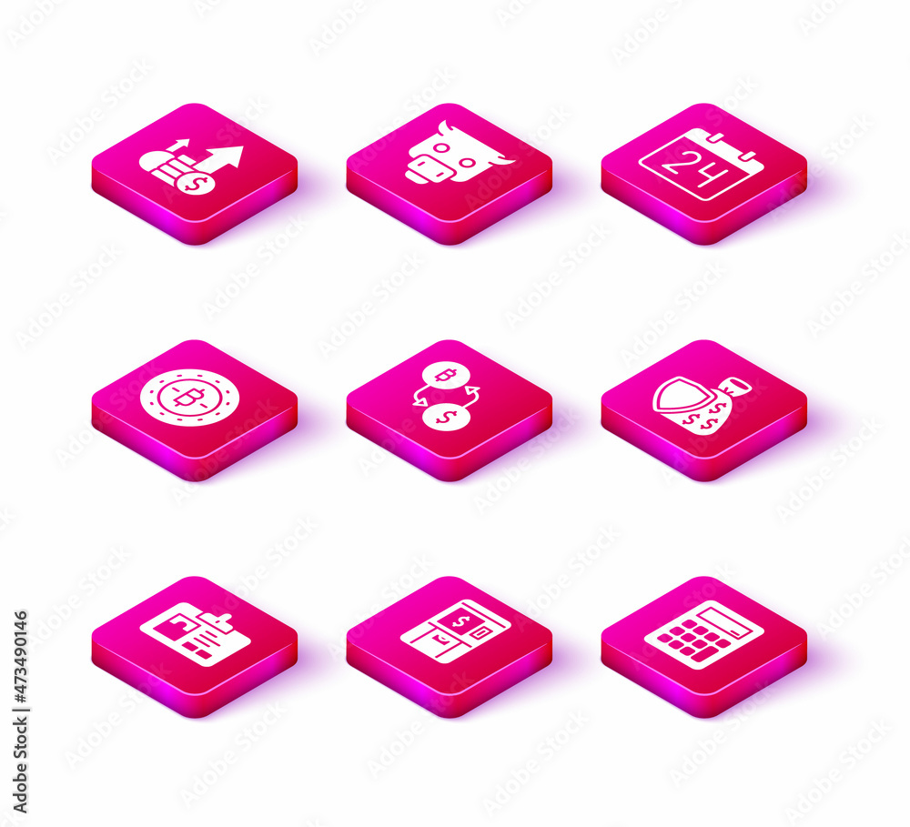 Set Identification badge, ATM and money, Bitcoin, Cryptocurrency exchange, Calculator, Shield bag, Calendar and Bull market icon. Vector Set Identification badge, ATM and money, Bitcoin, Cryptocurrency exchange, Calculator, Shield bag, Calendar and Bull market icon. Vector