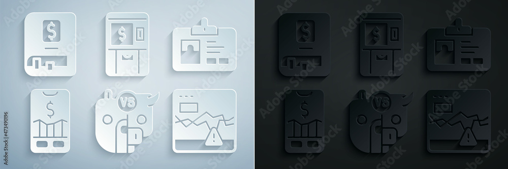 Set Bull and bear of stock market, Identification badge, Mobile trading, Failure stocks, ATM money and Financial book icon. Vector Set Bull and bear of stock market, Identification badge, Mobile trading, Failure stocks, ATM money and Financial book icon. Vector