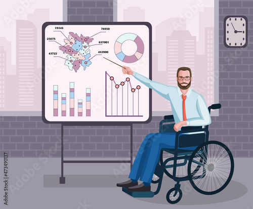 Work for the disabled.. Businessman man Indian in a wheelchair in the office makes a presentation. Presentation board with infographics. Business meeting discussion in the office.