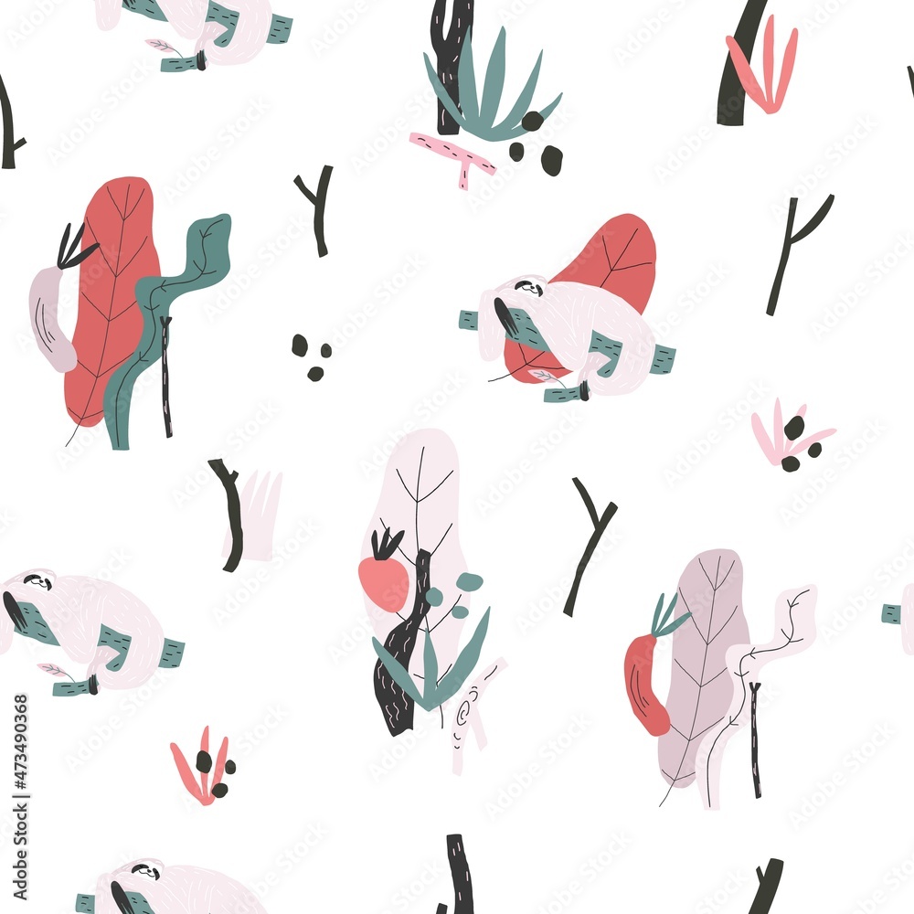 Fototapeta premium Vector element of seamless pattern with sloth, plants, leaves, snags. paper cover print design