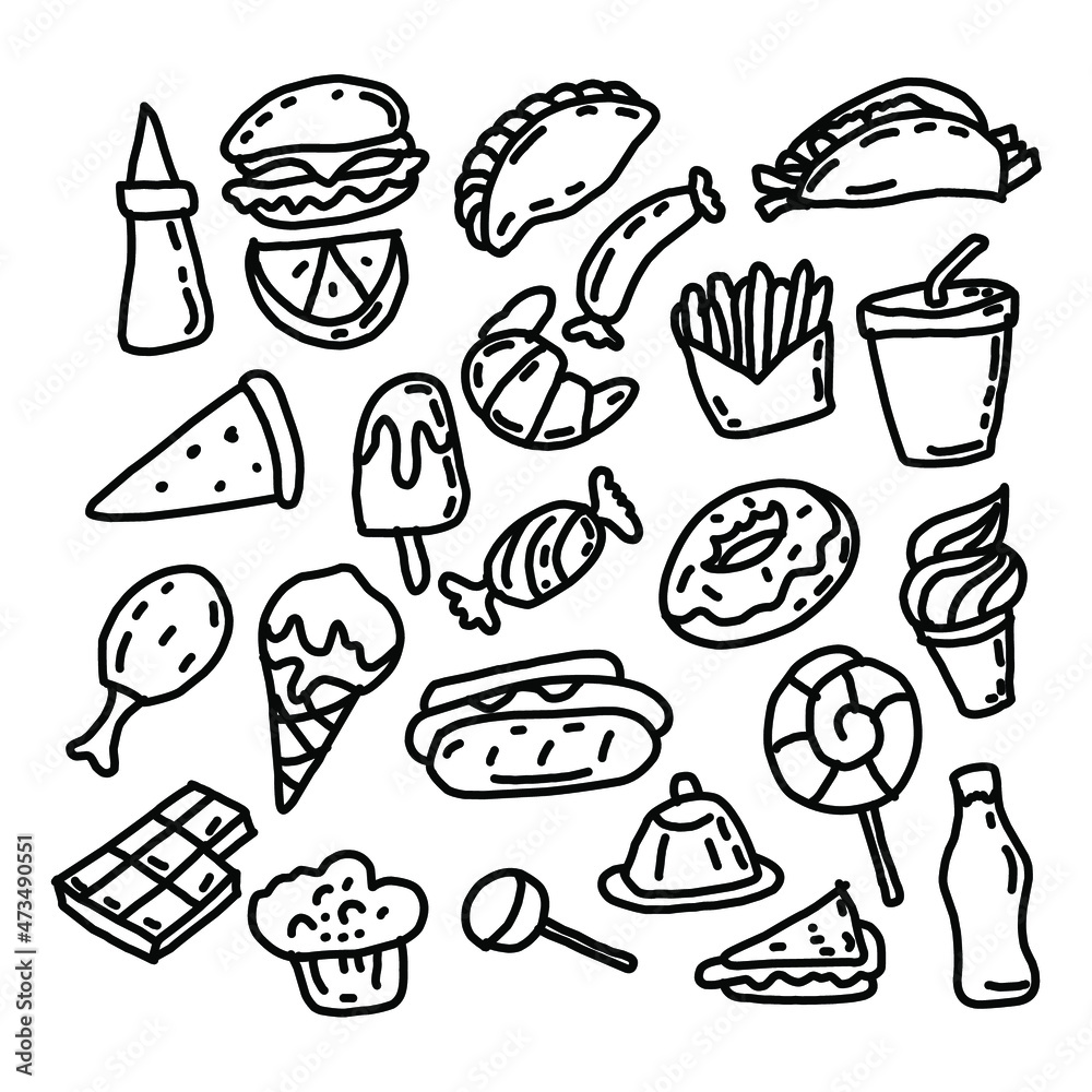 hand drawn line art, vector food doodle illustration, various kinds of snacks hand drawn line art, vector food doodle illustration, various kinds of snacks