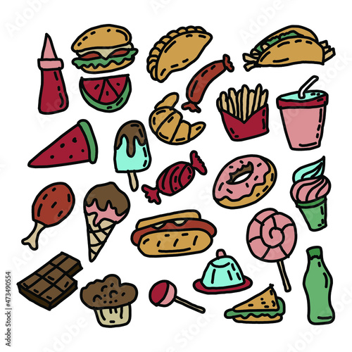 hand drawn vector food doodle illustration, various kinds of snacks