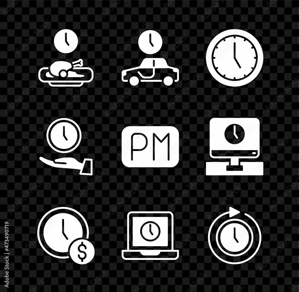 Set Food time, Time to travel, Clock, is money, Laptop, with arrow, and Day icon. Vector Set Food time, Time to travel, Clock, is money, Laptop, with arrow, and Day icon. Vector