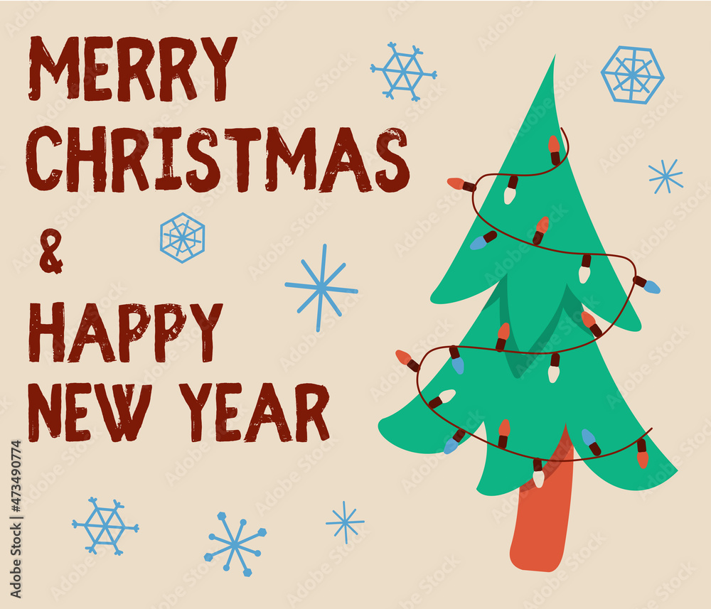Postcard with a Christmas tree in snowflake garland. Poster with signature vector. Merry Christmas and a Happy New Year