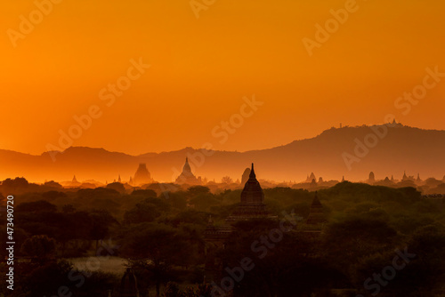Numerous pagodas in Bagan  Myanmar. Bagan is an ancient with many pagoda of historic buddhist temples and stupas. space for text.