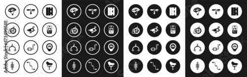 Set Bicycle lane, pedals, parking, helmet, rental mobile app, handlebar, Location with bicycle and brake calipers icon. Vector
