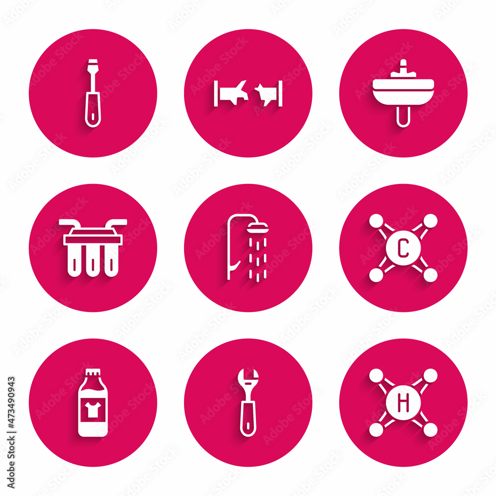 Set Shower, Wrench spanner, Water tap, Bottle for cleaning agent, filter, Washbasin and Screwdriver icon. Vector Set Shower, Wrench spanner, Water tap, Bottle for cleaning agent, filter, Washbasin and Screwdriver icon. Vector