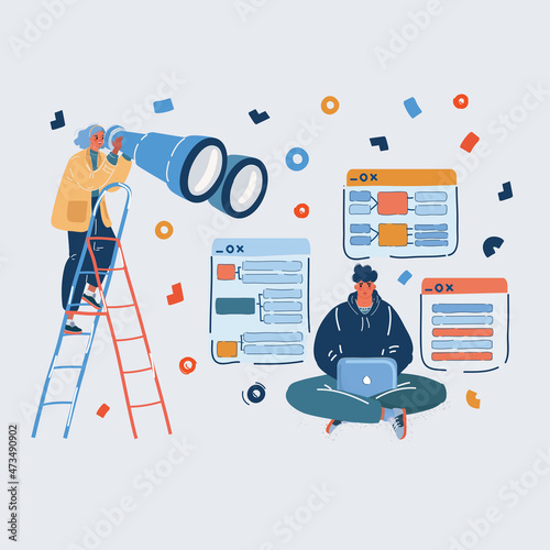 Vector illustration of woman spy woman spies on a colleague