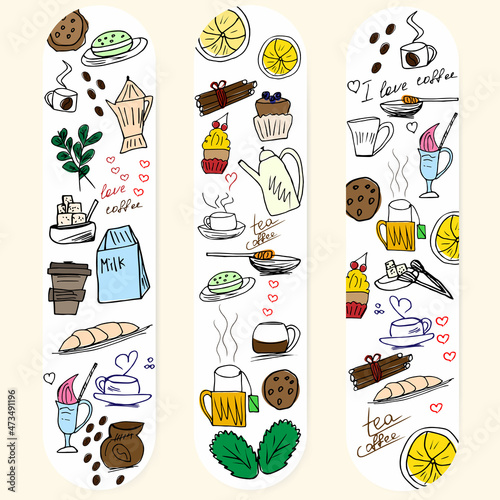 cute vector set of bookmark templates with a vertical arrangement in the style of a doodle with coffee and tea elements.The theme of the day is coffee or tea for lovers of hot drinks