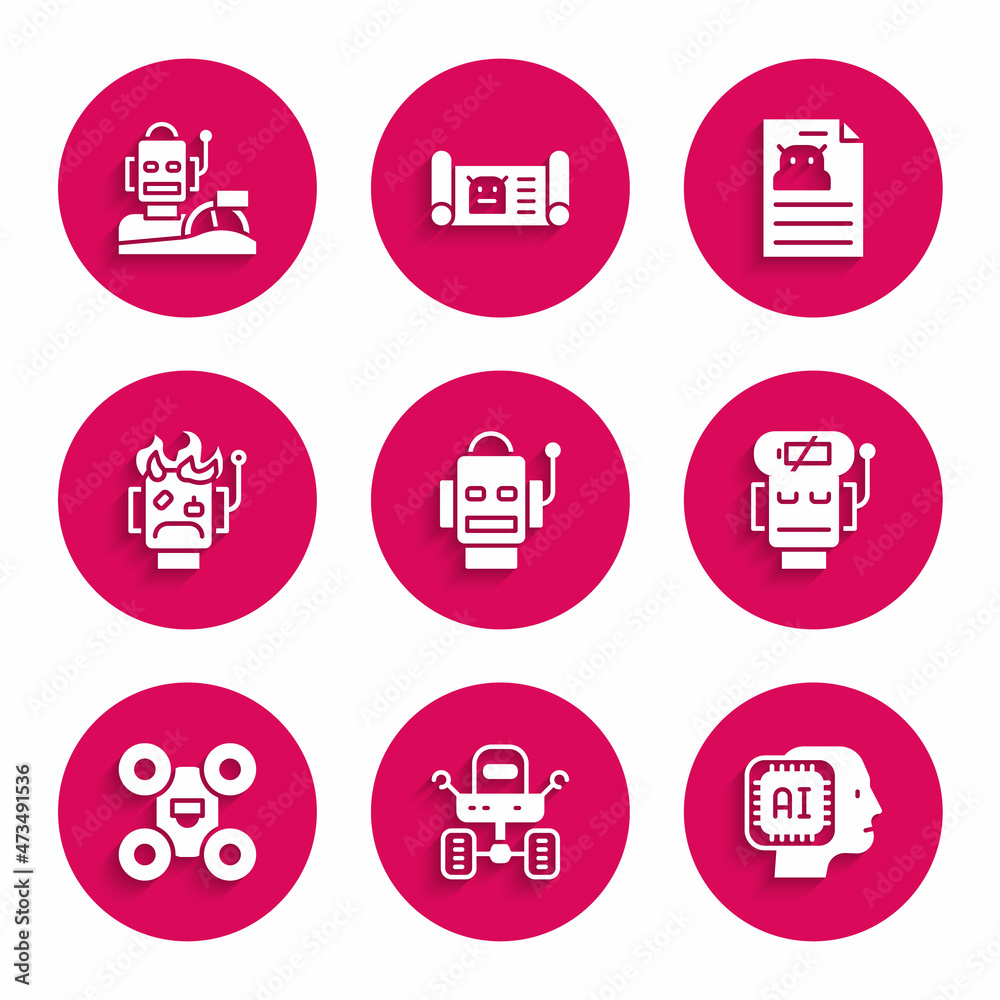 Set Robot, Mars rover, Humanoid robot, low battery charge, Drone, burned out, Technical specification and humanoid driving car icon. Vector
