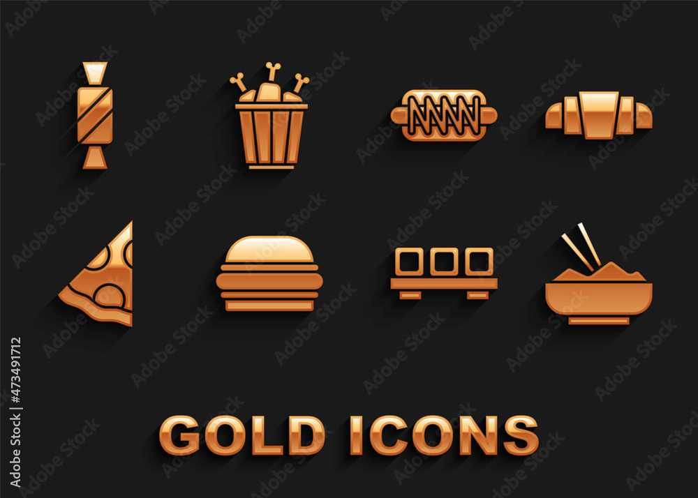 Set Burger, Croissant, Rice in bowl with chopstick, Sushi on cutting board, Slice of pizza, Hotdog sandwich, Candy and Chicken leg package box icon. Vector Set Burger, Croissant, Rice in bowl with chopstick, Sushi on cutting board, Slice of pizza, Hotdog sandwich, Candy and Chicken leg package box icon. Vector