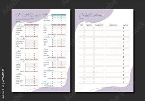 Financial planner. Monthly budget and weekly expenses. A4 printable template. Vector Illustration