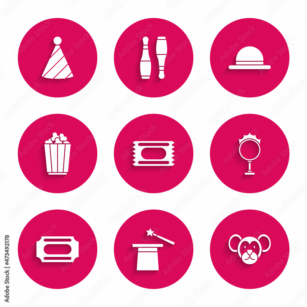 Set Circus ticket, Magic hat and wand, Monkey, fire hoop, Popcorn in box, Clown and Party icon. Vector Set Circus ticket, Magic hat and wand, Monkey, fire hoop, Popcorn in box, Clown and Party icon. Vector