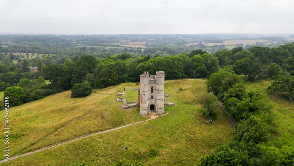 Donnington Castle and verdant surrounding landscape. Berkshire county, England. Aerial view Donnington Castle and verdant surrounding landscape. Berkshire county, England. Aerial view