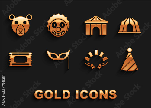 Set Festive mask, Circus tent, Party hat, Hand holding playing cards, ticket, Bear head and Clown icon. Vector