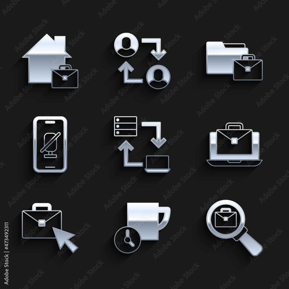 Set Online working, Time management, Magnifying glass with briefcase, Mute microphone on mobile, and icon. Vector Set Online working, Time management, Magnifying glass with briefcase, Mute microphone on mobile, and icon. Vector