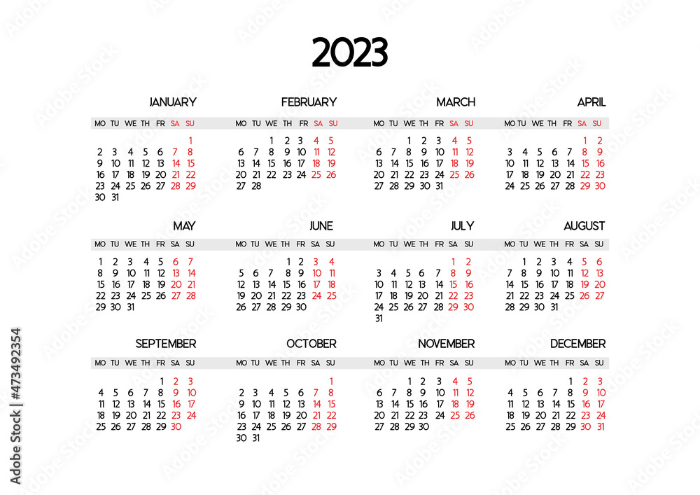 Calendar template for the year 2023. The beginning of the week is Monday. Highlight the desired holidays in red. Vector design Calendar template for the year 2023. The beginning of the week is Monday. Highlight the desired holidays in red. Vector design