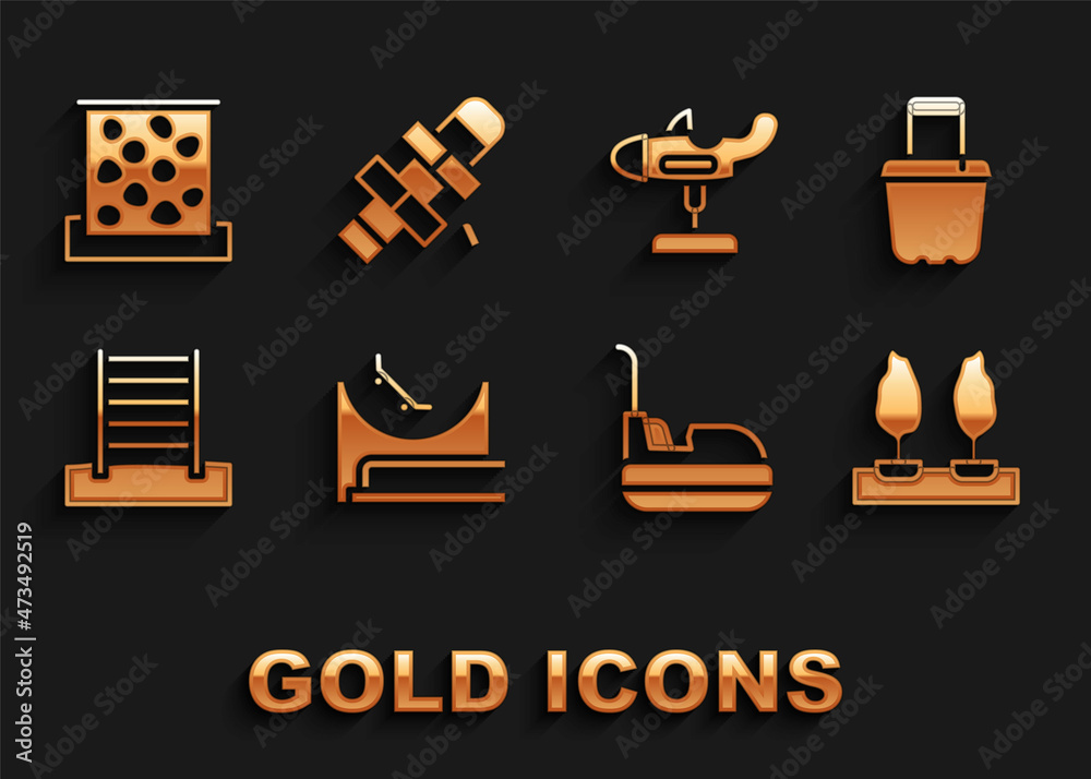 Set Skate park, Sand in bucket, Forest, Bumper car, Swedish wall, Swing plane, Climbing and Hopscotch icon. Vector Set Skate park, Sand in bucket, Forest, Bumper car, Swedish wall, Swing plane, Climbing and Hopscotch icon. Vector