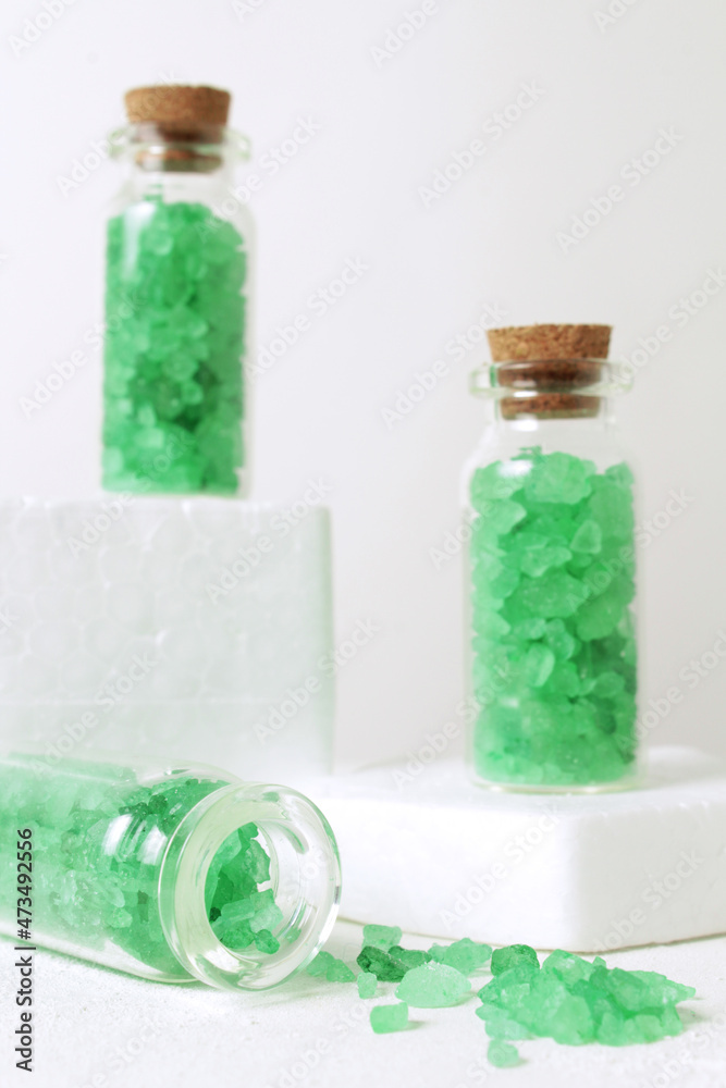 Aromatic crystals of sea salt. Spa composition with cosmetic bathroom product front view, minimal trend. Aromatic crystals of sea salt. Spa composition with cosmetic bathroom product front view, minimal trend.