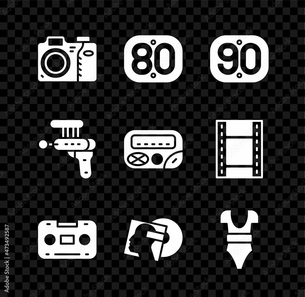 Set Photo camera, 80s Retro, 90s, audio cassette tape, Vinyl disk, Swimsuit, Ray gun and Pager icon. Vector Set Photo camera, 80s Retro, 90s, audio cassette tape, Vinyl disk, Swimsuit, Ray gun and Pager icon. Vector