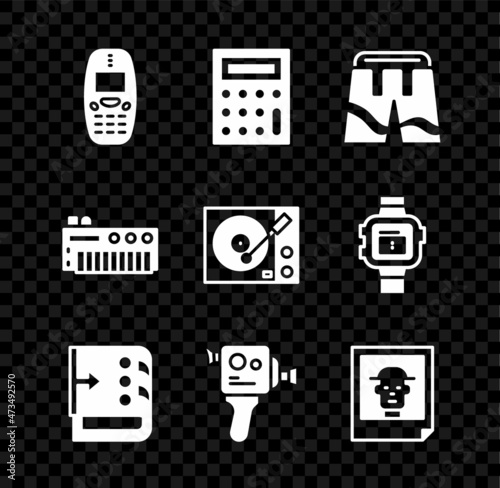 Set Old mobile phone, Calculator, Short pants, Sound mixer controller, Retro cinema camera, Photo, Music synthesizer and Vinyl player icon. Vector