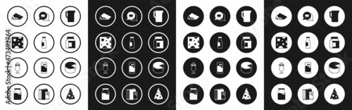 Set Milk jug or pitcher, Bottle with milk, Cheese, Paper package for, Udder, and Milkshake icon. Vector